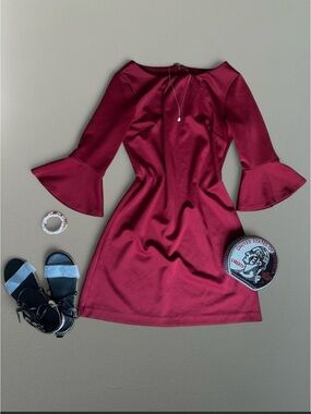 New York & Company Wine Bell-Sleeve A-Line Mini Dress